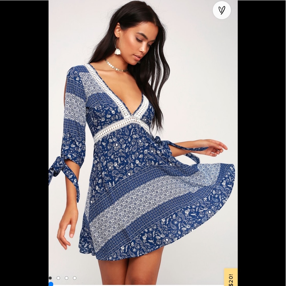 Lulus Adler Blue and White Print Crochet Lace Dress